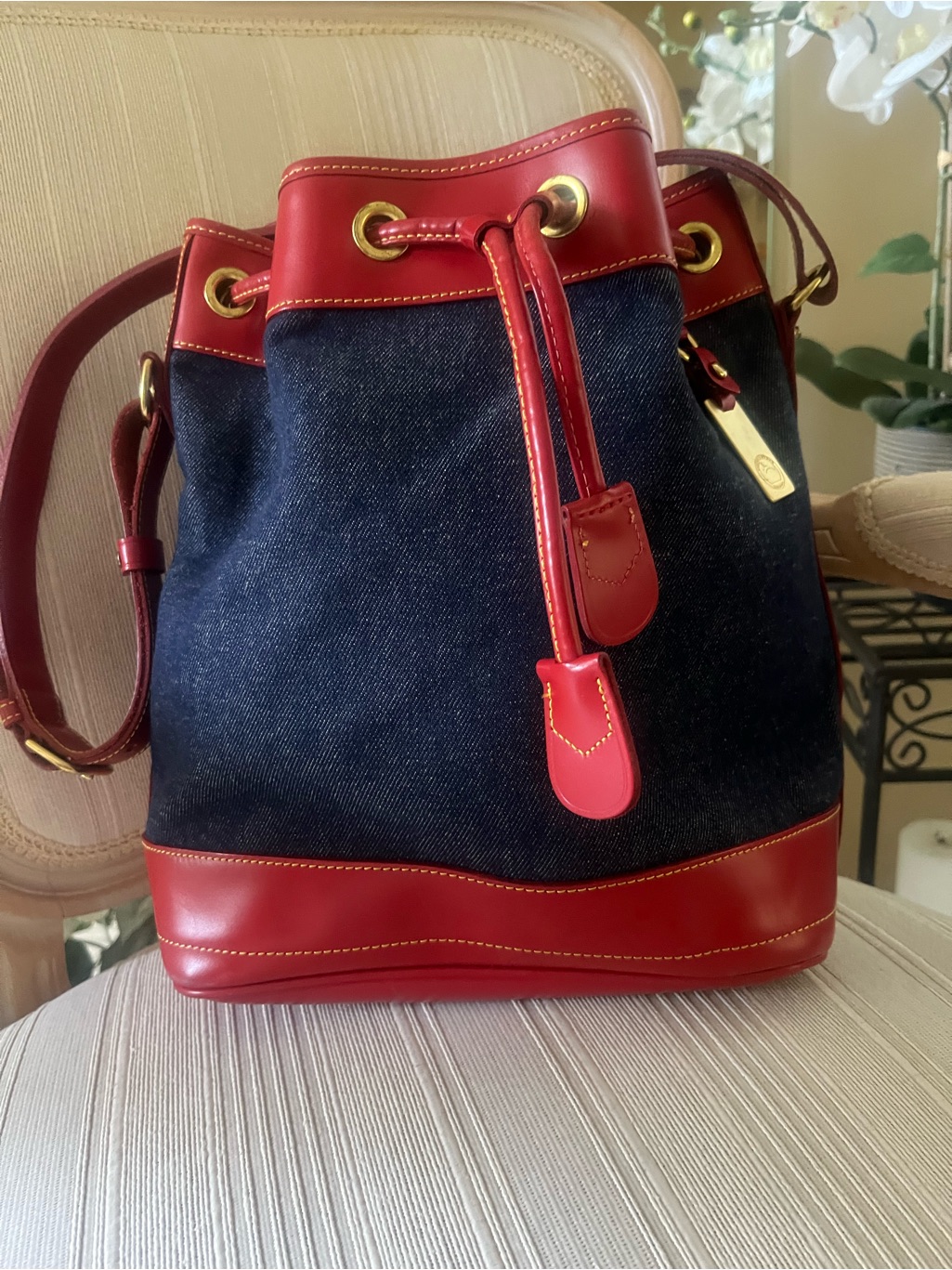 Designer-Inspired Red Leather & Blue Denim Bucket Bag - Dooney&Bourke